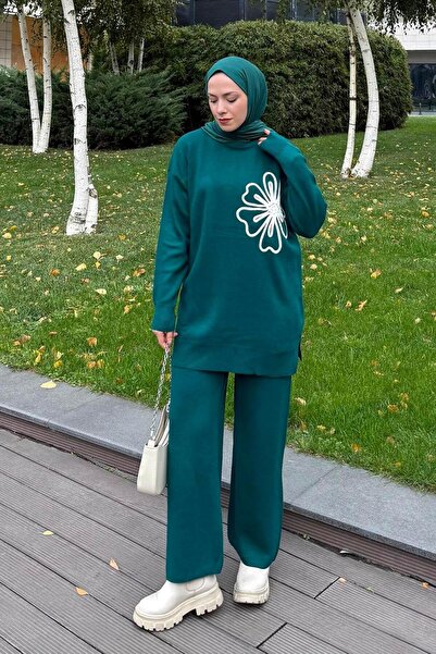 lamelif Floral Detailed Knitwear Set Emerald Green