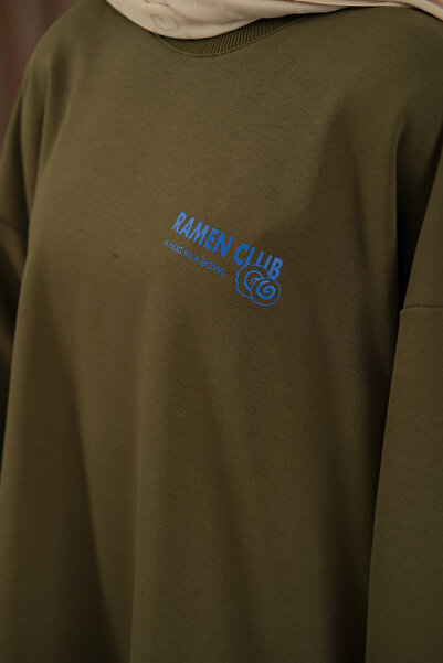 LOCCO Women's Front and Back Text Printed Sweat Khaki Green