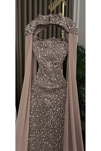 Diva style Evening dress with beaded embroidery, Barbie lining, and flared chiffon