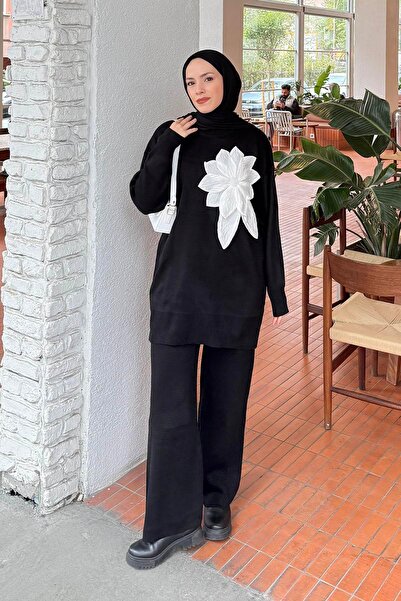 lamelif Σετ πλεκτών ενδυμάτων με αξεσουάρ λουλουδιών Μαύρο