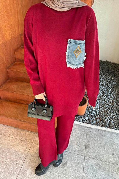 lamelif Pocket Detailed Knitwear Set Burgundy