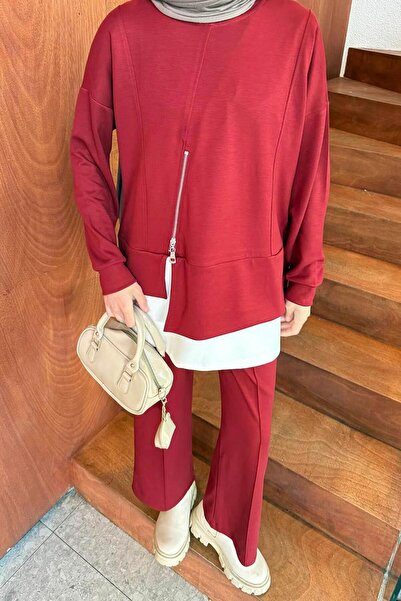 lamelif Paneled Sets of Burgundy with Zipper