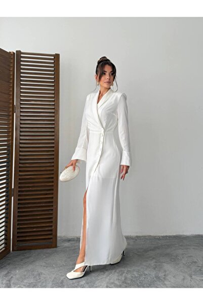 EtikaOnline Lami Kadın Yırtmaclı Düğme Detay Elbise