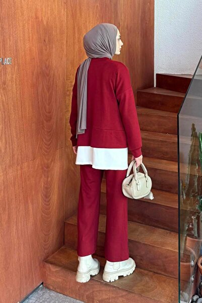 lamelif Paneled Sets of Burgundy with Zipper