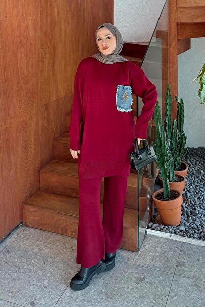 lamelif Pocket Detailed Knitwear Set Burgundy