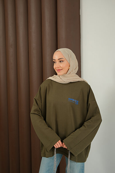 LOCCO Women's Front and Back Text Printed Sweat Khaki Green