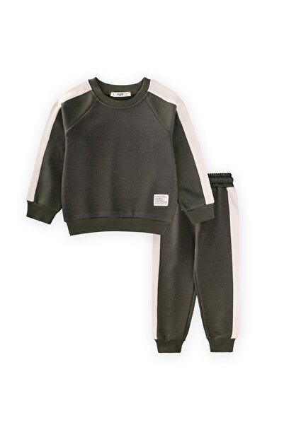 Cigit Paneled Sweatshirt Set 2-8 Years Khaki Green