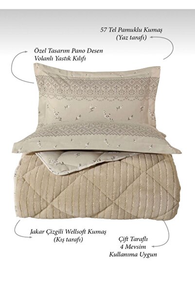 Bikaya Home Striped Jacquard Double Bedding Set - Wellsoft Quilt - Fitted Sheet - 2 Pillowcases