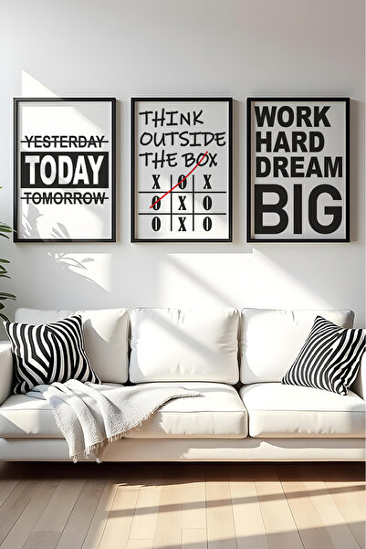 huhuli Ahşap Siyah Çerçeveli Motivasyon Yazılı 3'lü Tablo Seti Huhu565