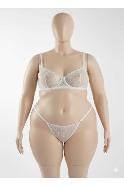 La Linaa Plus Size Ecru Lace Transparent Bra Panty Set