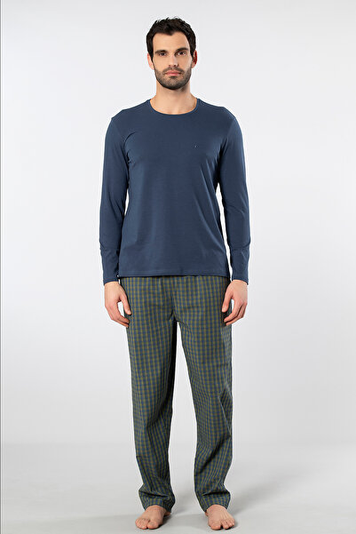 Cacharel 2239 Men's Poplin O-Neck Long Sleeve Pajama Set