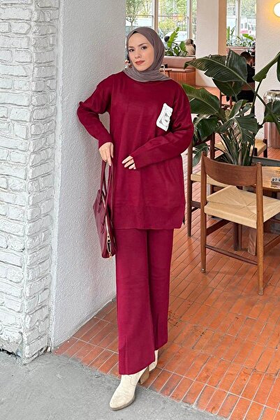lamelif Lace Pocket Detailed Knitwear Set Burgundy