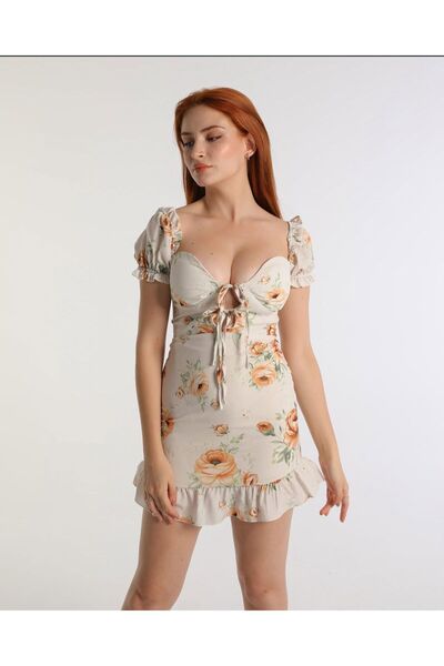 Diemmood Women's Off-The-Shoulder Tie-Up Ruffle Detail Floral Dress