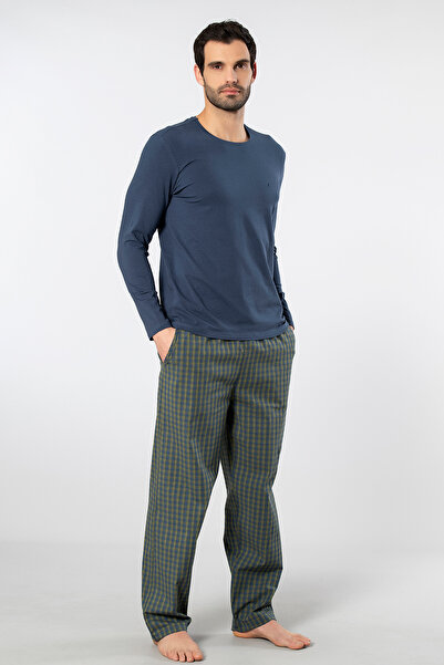 Cacharel 2239 Men's Poplin O-Neck Long Sleeve Pajama Set