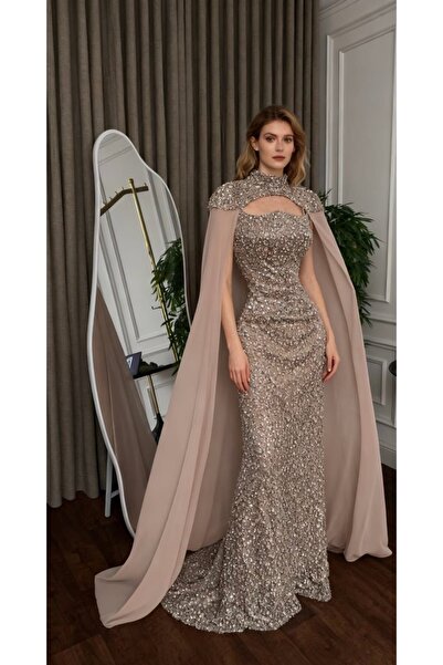Diva style Evening dress with beaded embroidery, Barbie lining, and flared chiffon