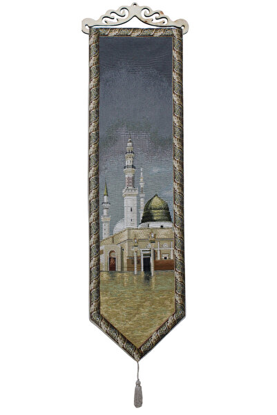 Believe MEDİNE YEŞİL KUBBE AHŞAP ASKILI PÜSKÜLLÜ JAKARLI DOKUMA GOBLEN DEKORA...