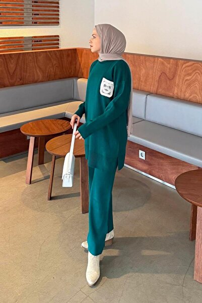 lamelif Lace Pocket Detailed Knitwear Set Emerald Green