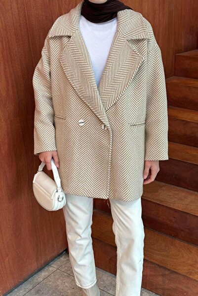 lamelif Zigzag Pattern Herringbone Coat Stone