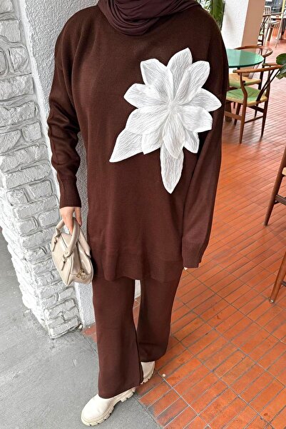 lamelif Комплект от плетени дрехи с флорални аксесоари в цвят горчив кафяв