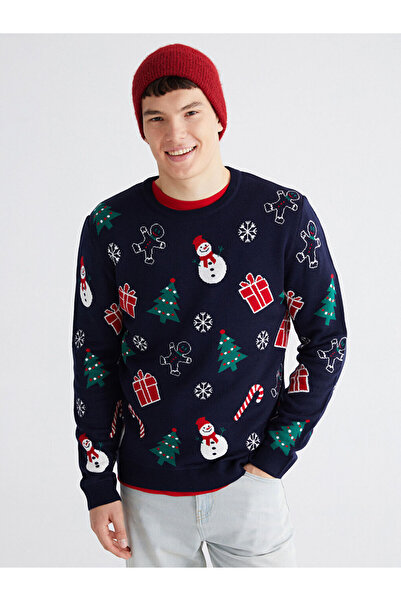 LC Waikiki Ανδρικό πλεκτό πουλόβερ με θέμα την Πρωτοχρονιά σε μπλε ναυτικό χρώμα