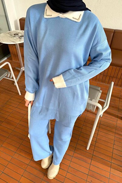 lamelif Set de tricotaje cu guler cu pietre albastru bebeluș