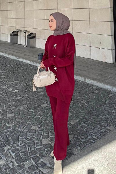 lamelif Pearl Embroidered Hijab Set Burgundy