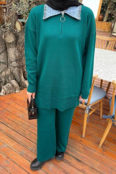 lamelif Paneled Collar Knitwear Set Emerald Green
