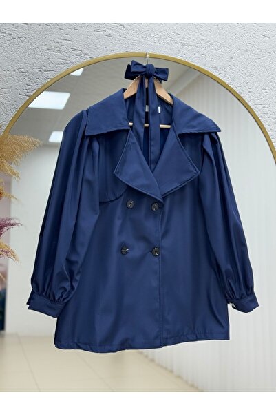 MİHRA STORE Dariela Kolu ve Önü Düğmeli Kuşaklı Kısa Trenç-KN3288 Lacivert