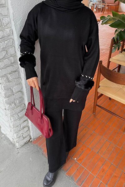 lamelif Sleeve Plush Detailed Knitwear Set Black