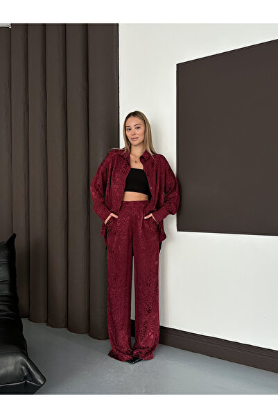 MODAMERSİ Women's Burgundy Leopard Pattern Oversized Shirt Wide Leg Pants Set