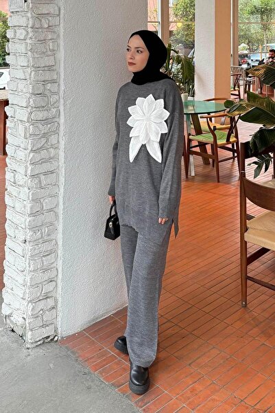 lamelif Knitwear Set with Floral Accessories Smoked
