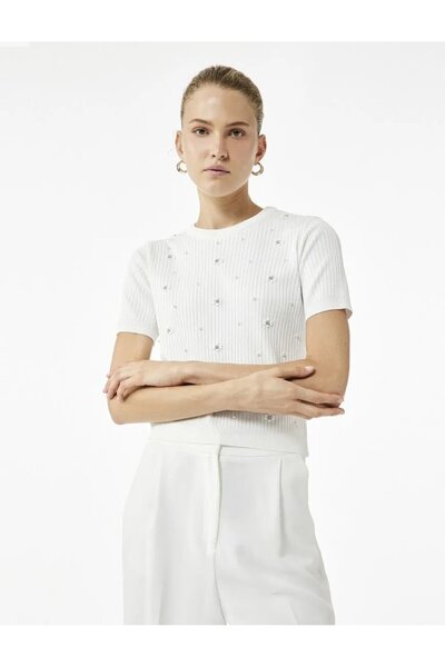 Koton Pulover de tricotaj cu mâneci scurte brodate cu perle