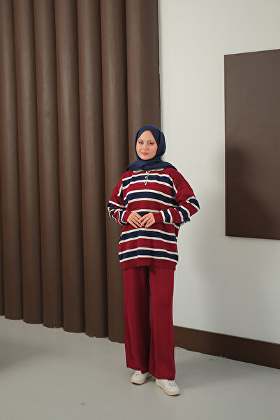 LOCCO Women's Stripe Button Detail Suit Burgundy