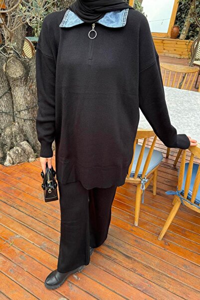 lamelif συνδυασμός υφασμάτων Σετ πλεκτό με γιακά μαύρο