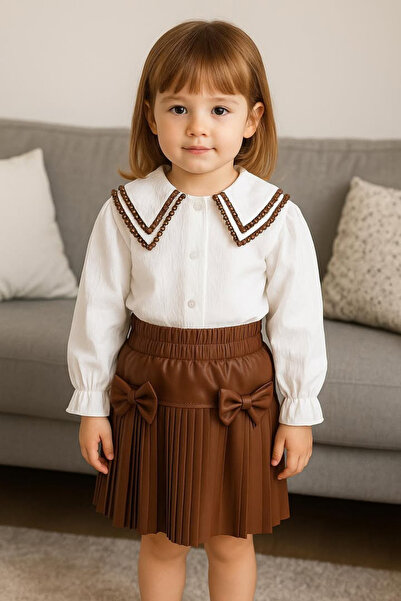 Universal KURDELE DETAYLI KAHVERENGİ - BEYAZ RENKLİ KIZ ÇOCUK TAKIM