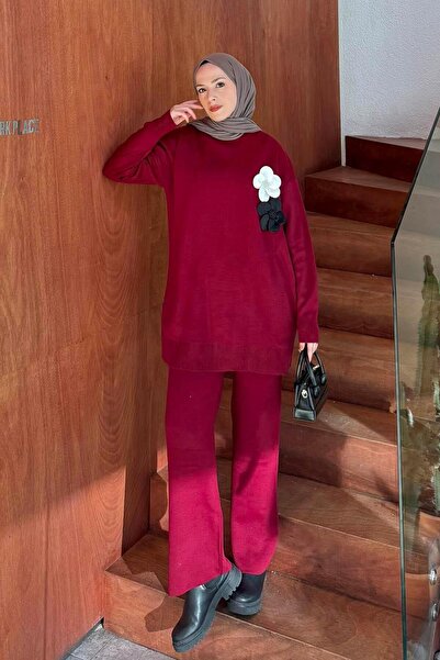lamelif Knitwear Set with Floral Accessories Burgundy