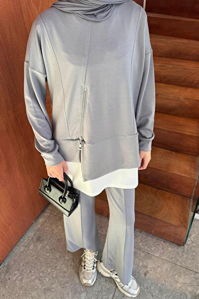 lamelif Zippered Paneled Set Gray