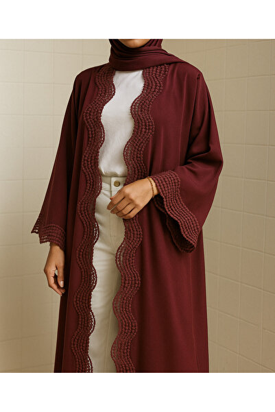 MayaCloset Premium Long Red Nidah Cap Ferace Abaya with Elegant Lace Trim