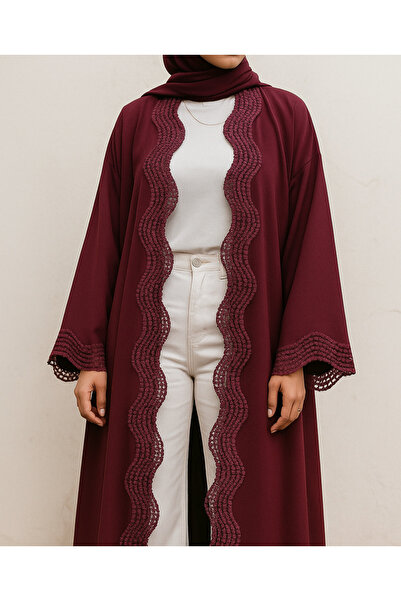 MayaCloset Premium Long Red Nidah Cap Ferace Abaya with Elegant Lace Trim