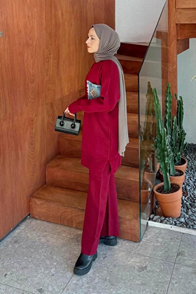 lamelif Pocket Detailed Knitwear Set Burgundy