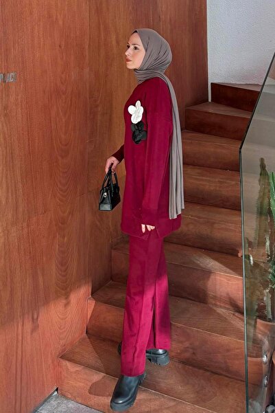 lamelif Knitwear Set with Floral Accessories Burgundy