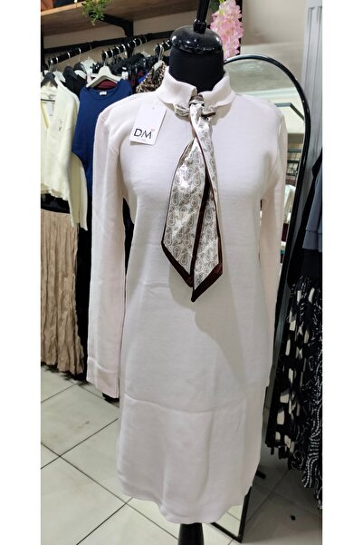 Serra Women's Cream Scarf Detailed Acrylic Fabric Knitwear Dress