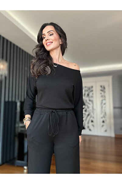 Atelier Derin Black Modal Boat Neck Blouse Bottom Set