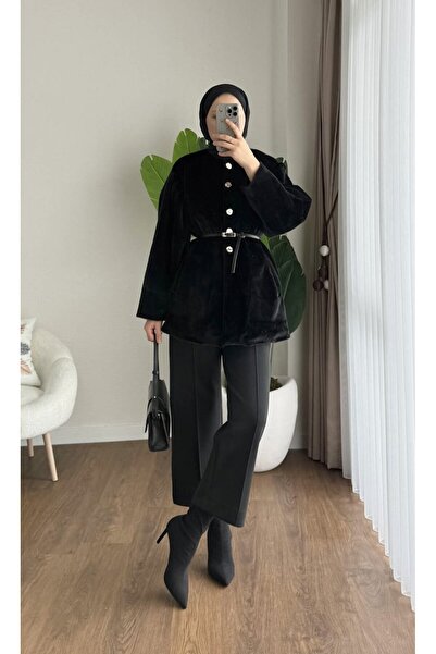 RFK Butik Women's Button Detailed Belted New Season Thai Feather Jacket - Black