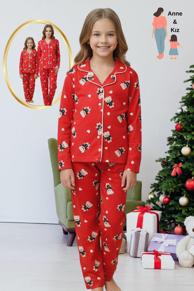 Zekalya Mother-Daughter Matching Outfit (Sold Separately) Teddy Bear Pattern Shirt Collar Red Pajama Set