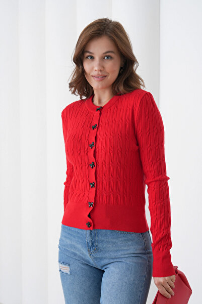 Park Karon Women's Crew Neck Button Detail Hair Knit Soft Textured Knitwear Cardigan