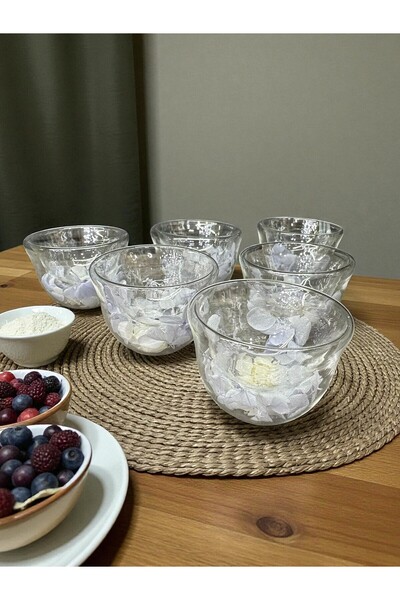 İnterlife 6-Piece Double-Walled Artificial Flower Turkish Delight Bowl, Confectionery, Coffee Side Serving, Small Glass Bowl, 7 cm
