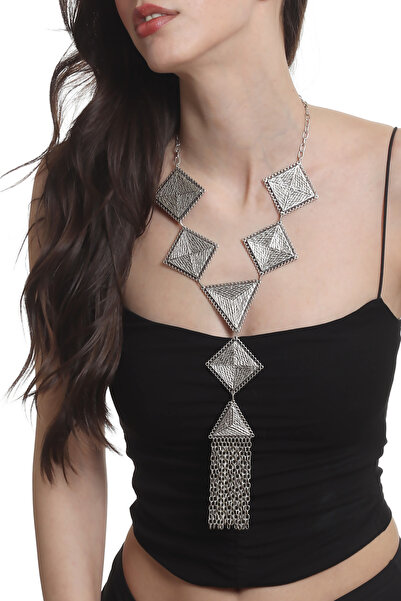 LABALABA Kadın Antik Gümüş Kaplama Geometrik Parçalı Püsküllü Tasarım Kolye