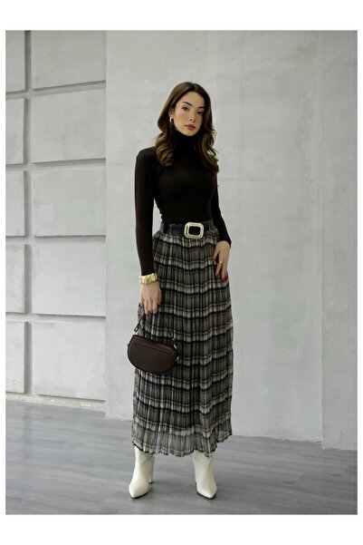 Coral Kemerli Kraslı Ekose Etek 17735 Bej