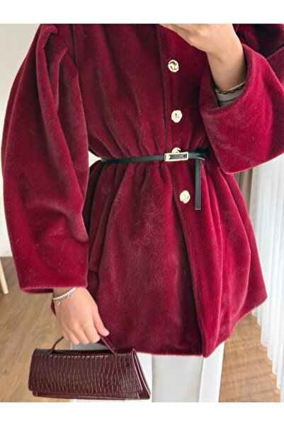 RFK Butik Women's Button Detailed Belted New Season Thai Feather Jacket - Burgundy